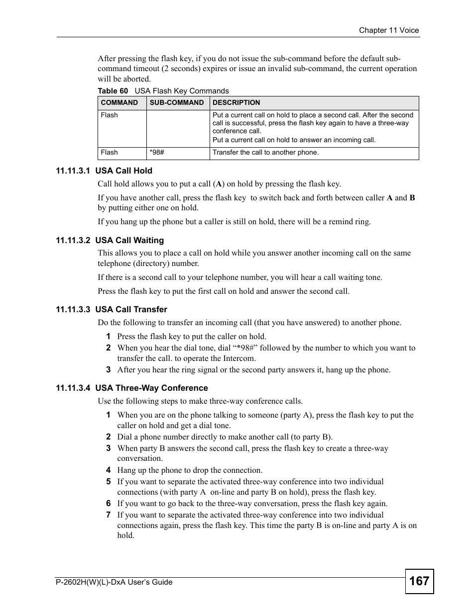 Table 60 usa flash key commands | ZyXEL Communications P-2602H User Manual | Page 167 / 465