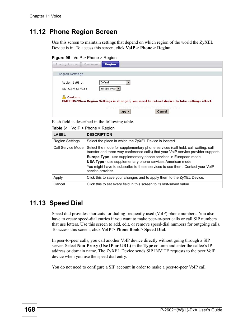 12 phone region screen, 13 speed dial, 12 phone region screen 11.13 speed dial | Figure 96 voip > phone > region, Table 61 voip > phone > region | ZyXEL Communications P-2602H User Manual | Page 168 / 465