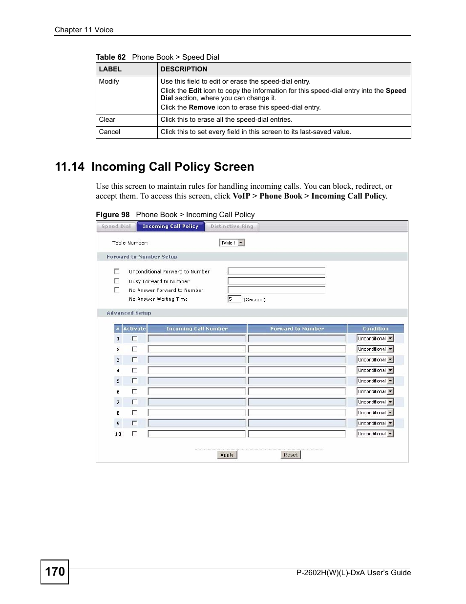 14 incoming call policy screen, Figure 98 phone book > incoming call policy | ZyXEL Communications P-2602H User Manual | Page 170 / 465
