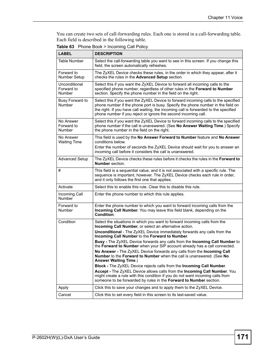 Table 63 phone book > incoming call policy | ZyXEL Communications P-2602H User Manual | Page 171 / 465