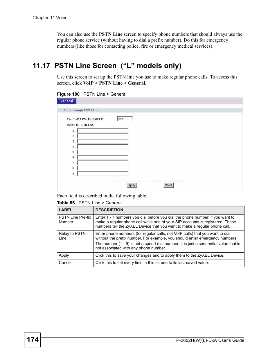 17 pstn line screen (“l” models only), Figure 100 pstn line > general, Table 65 pstn line > general | ZyXEL Communications P-2602H User Manual | Page 174 / 465