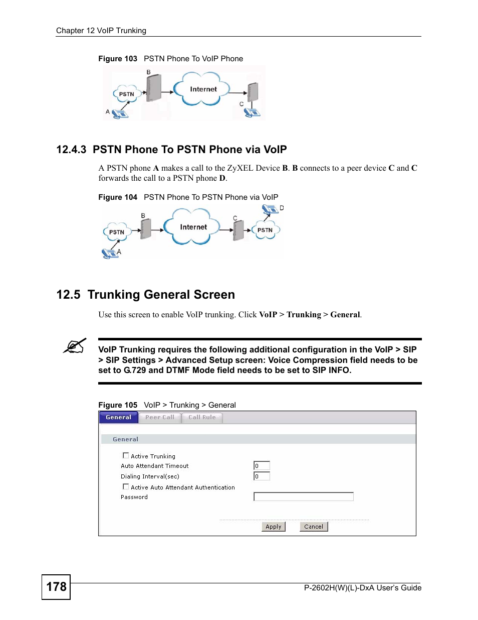 3 pstn phone to pstn phone via voip, 5 trunking general screen | ZyXEL Communications P-2602H User Manual | Page 178 / 465