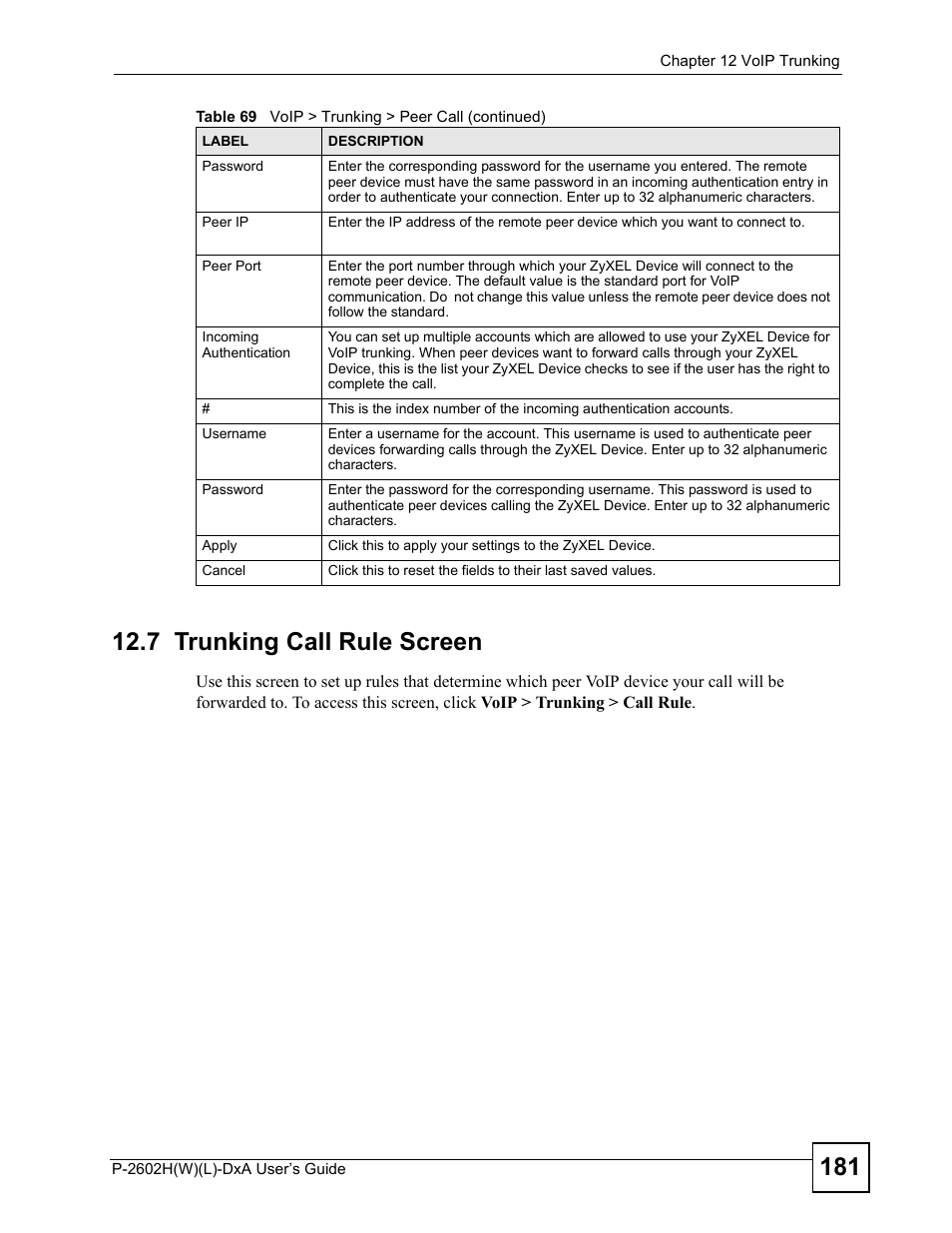 7 trunking call rule screen | ZyXEL Communications P-2602H User Manual | Page 181 / 465