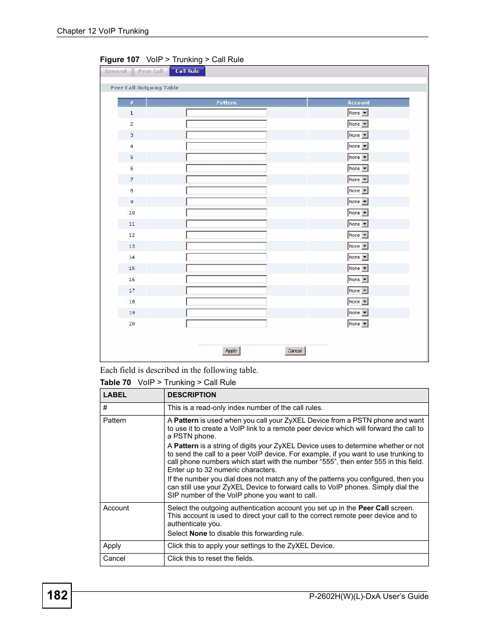 Figure 107 voip > trunking > call rule, Table 70 voip > trunking > call rule | ZyXEL Communications P-2602H User Manual | Page 182 / 465