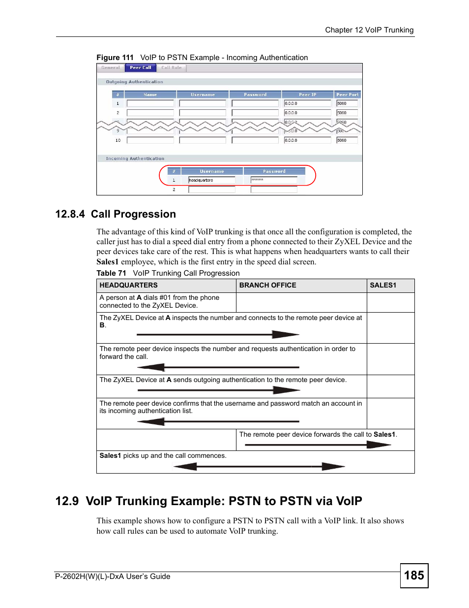 4 call progression, 9 voip trunking example: pstn to pstn via voip, Table 71 voip trunking call progression | ZyXEL Communications P-2602H User Manual | Page 185 / 465