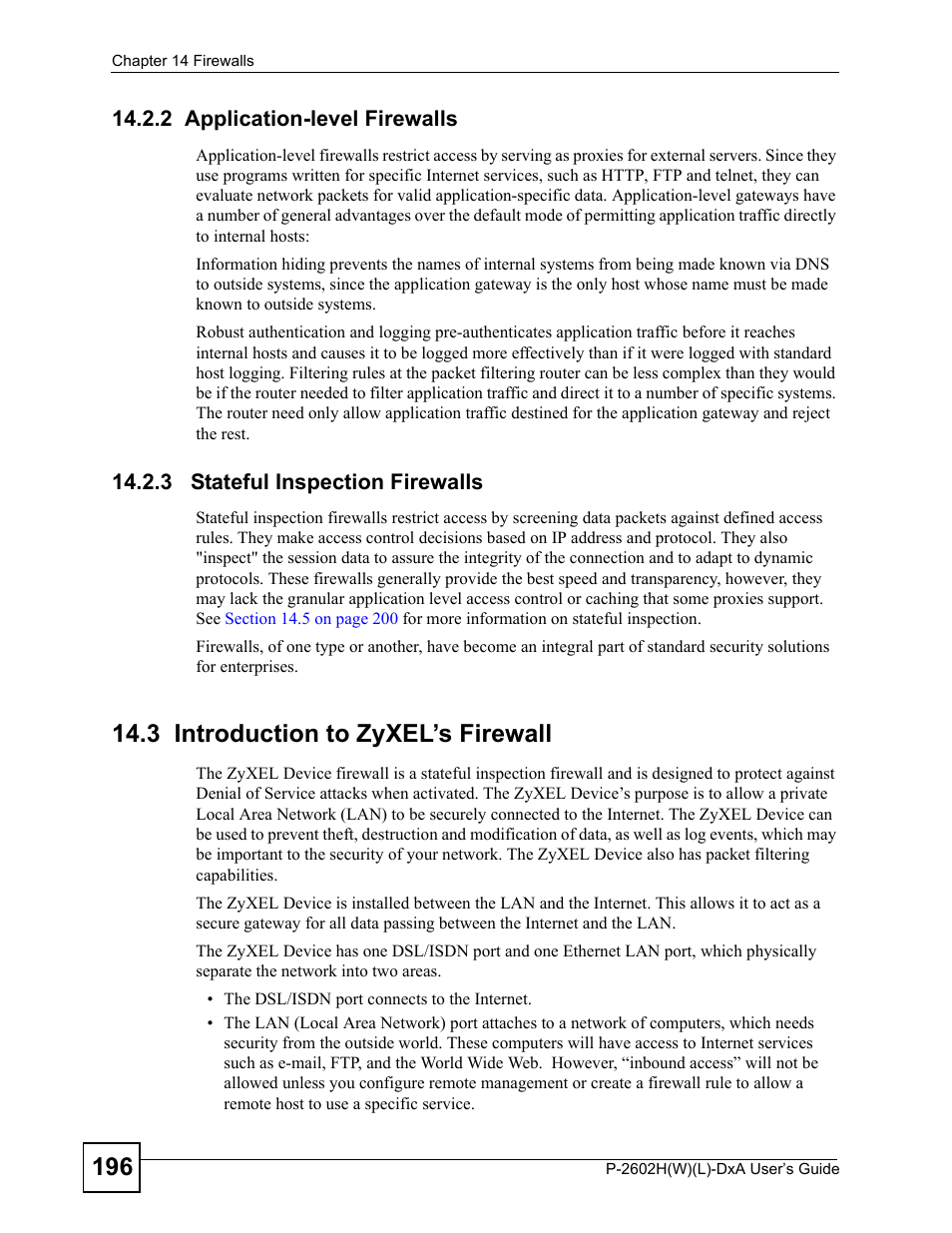 2 application-level firewalls, 3 stateful inspection firewalls, 3 introduction to zyxel’s firewall | ZyXEL Communications P-2602H User Manual | Page 196 / 465