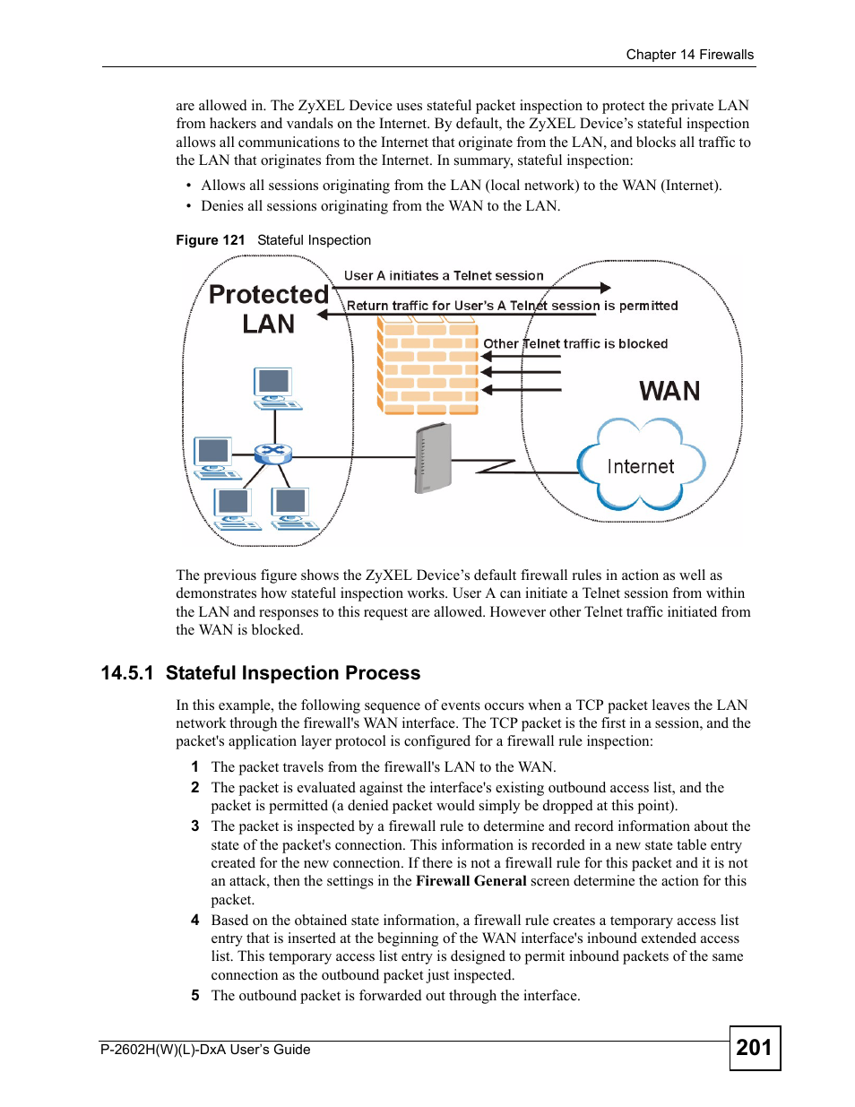 1 stateful inspection process, Figure 121 stateful inspection | ZyXEL Communications P-2602H User Manual | Page 201 / 465