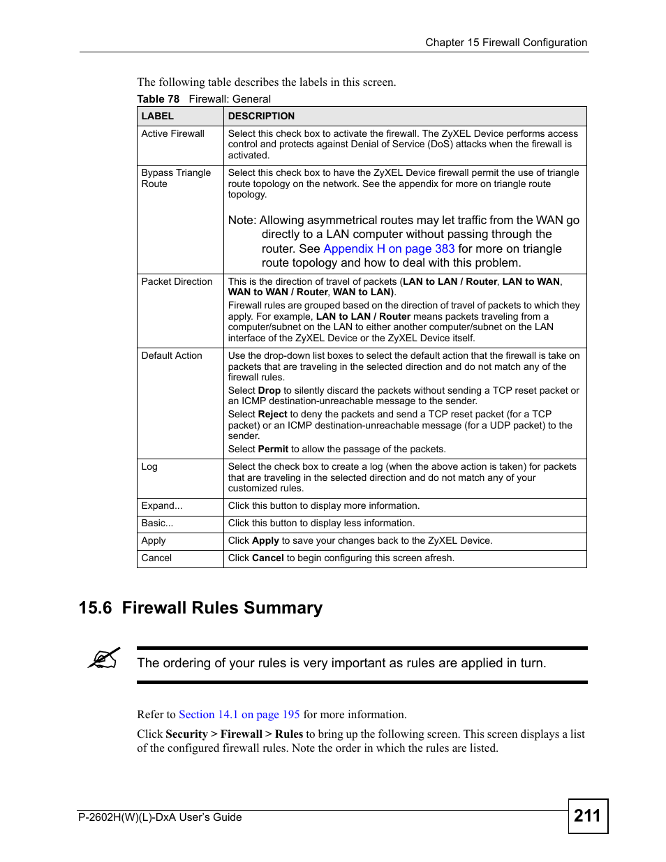 6 firewall rules summary, Table 78 firewall: general, Refer to | ZyXEL Communications P-2602H User Manual | Page 211 / 465