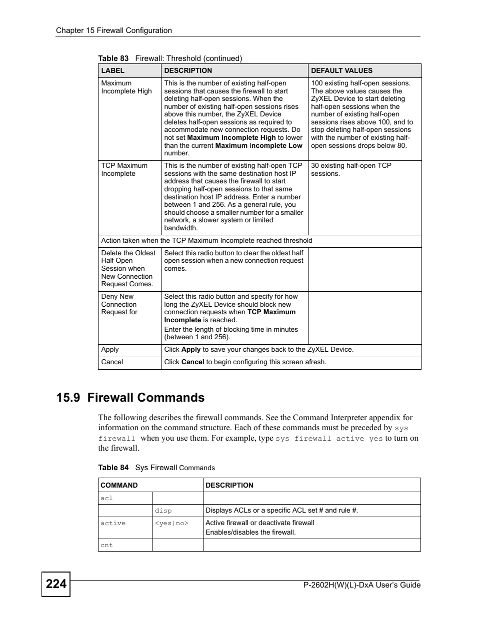 9 firewall commands, Table 84 sys firewall commands | ZyXEL Communications P-2602H User Manual | Page 224 / 465