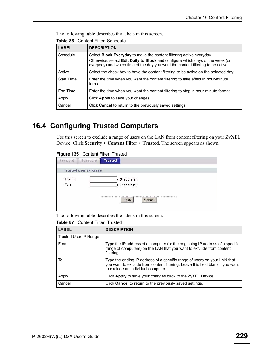 4 configuring trusted computers, Figure 135 content filter: trusted | ZyXEL Communications P-2602H User Manual | Page 229 / 465