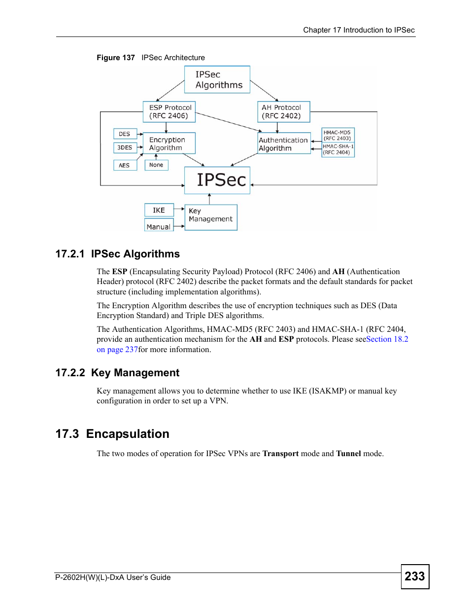1 ipsec algorithms, 2 key management, 3 encapsulation | 1 ipsec algorithms 17.2.2 key management, Figure 137 ipsec architecture | ZyXEL Communications P-2602H User Manual | Page 233 / 465