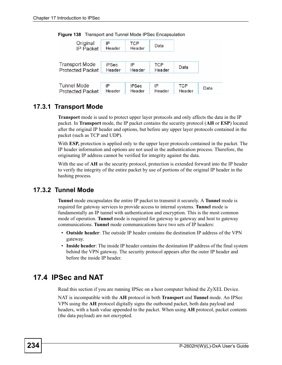 1 transport mode, 2 tunnel mode, 4 ipsec and nat | 1 transport mode 17.3.2 tunnel mode | ZyXEL Communications P-2602H User Manual | Page 234 / 465