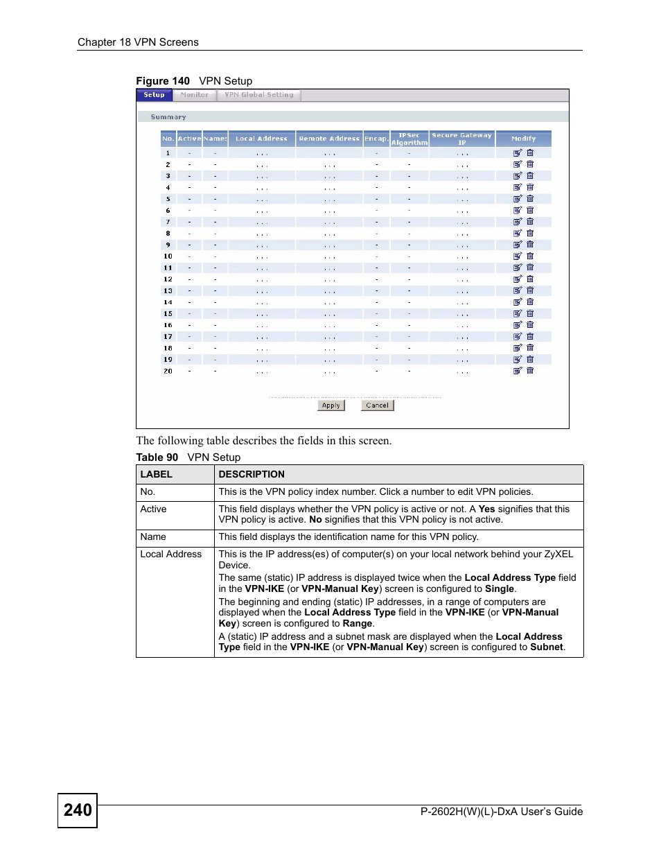Figure 140 vpn setup, Table 90 vpn setup | ZyXEL Communications P-2602H User Manual | Page 240 / 465
