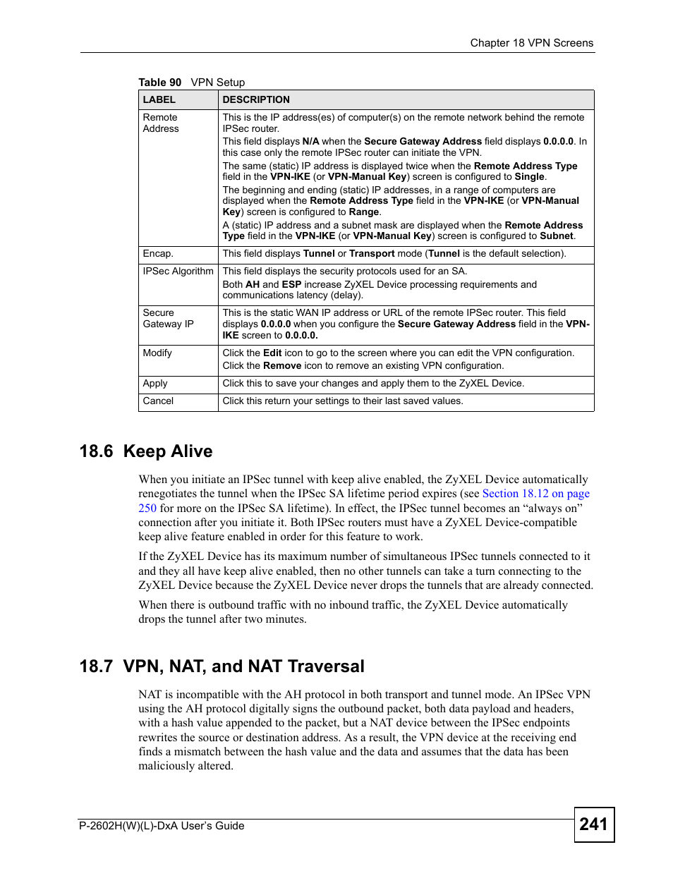 6 keep alive, 7 vpn, nat, and nat traversal, 6 keep alive 18.7 vpn, nat, and nat traversal | ZyXEL Communications P-2602H User Manual | Page 241 / 465