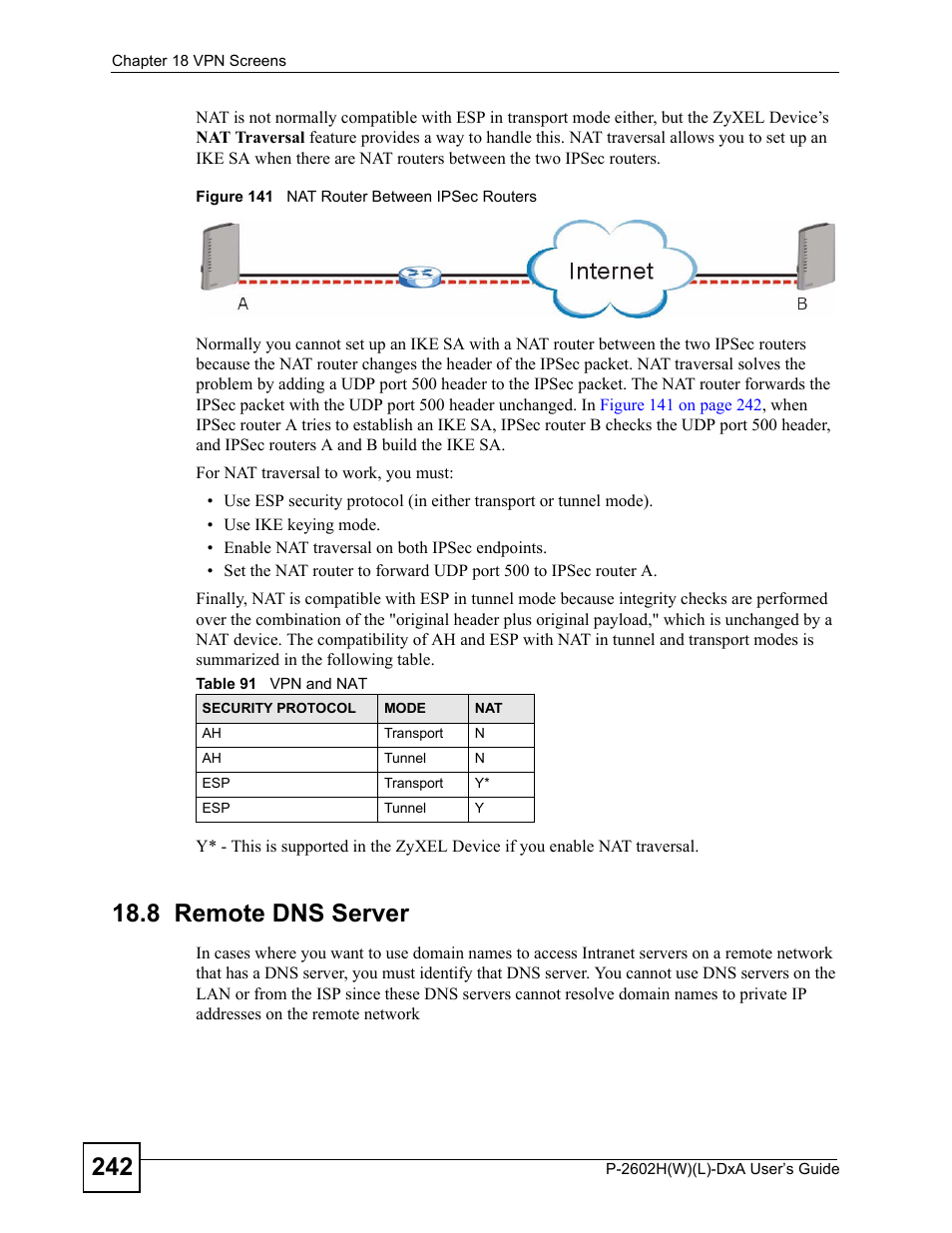 8 remote dns server, Figure 141 nat router between ipsec routers, Table 91 vpn and nat | ZyXEL Communications P-2602H User Manual | Page 242 / 465