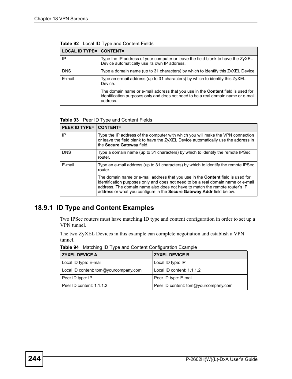 1 id type and content examples | ZyXEL Communications P-2602H User Manual | Page 244 / 465