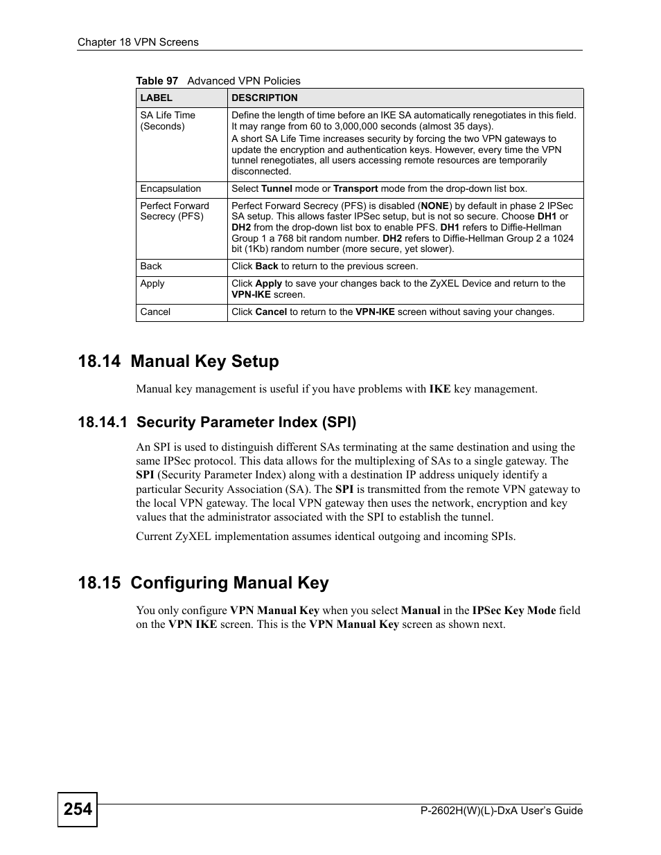 14 manual key setup, 1 security parameter index (spi), 15 configuring manual key | ZyXEL Communications P-2602H User Manual | Page 254 / 465