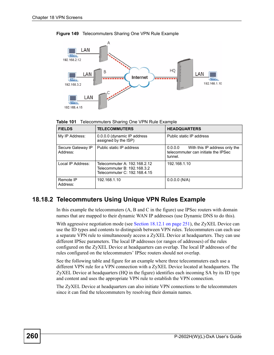 2 telecommuters using unique vpn rules example | ZyXEL Communications P-2602H User Manual | Page 260 / 465