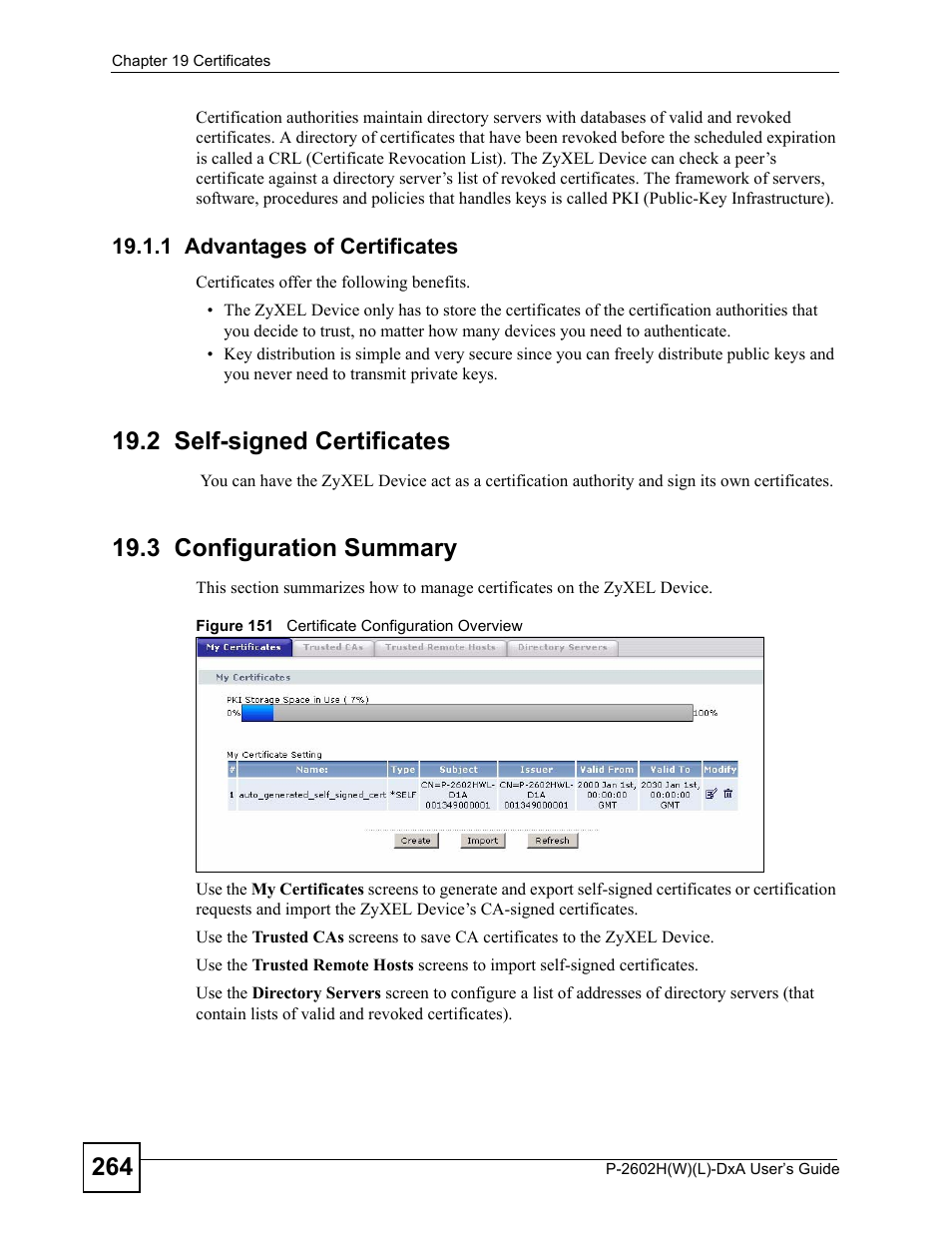 1 advantages of certificates, 2 self-signed certificates, 3 configuration summary | Figure 151 certificate configuration overview | ZyXEL Communications P-2602H User Manual | Page 264 / 465