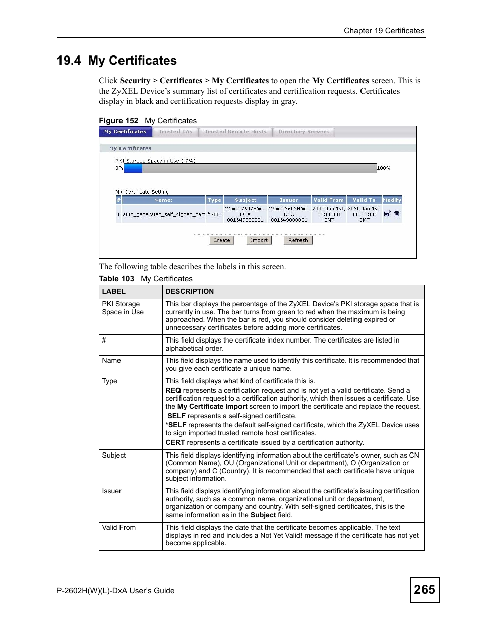 4 my certificates, Figure 152 my certificates, Table 103 my certificates | ZyXEL Communications P-2602H User Manual | Page 265 / 465