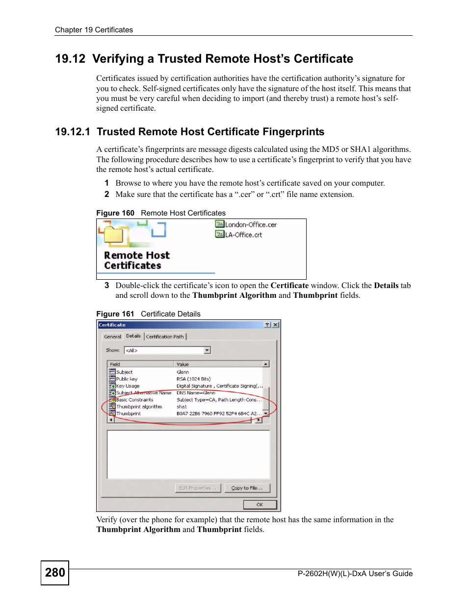 12 verifying a trusted remote host’s certificate, 1 trusted remote host certificate fingerprints | ZyXEL Communications P-2602H User Manual | Page 280 / 465