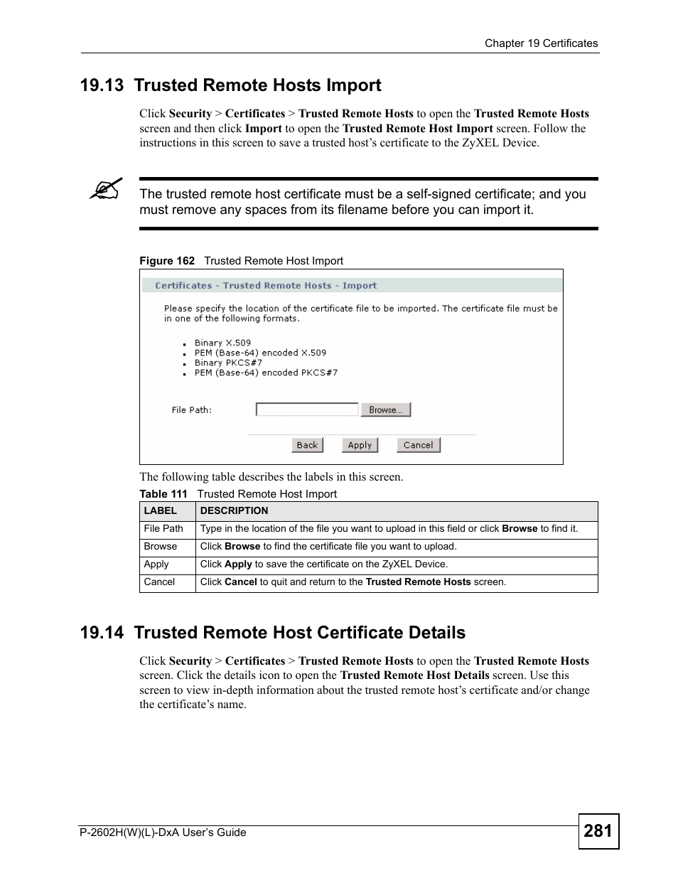 13 trusted remote hosts import, 14 trusted remote host certificate details, Figure 162 trusted remote host import | Table 111 trusted remote host import | ZyXEL Communications P-2602H User Manual | Page 281 / 465