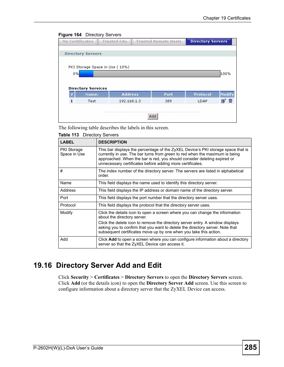 16 directory server add and edit, Figure 164 directory servers, Table 113 directory servers | ZyXEL Communications P-2602H User Manual | Page 285 / 465