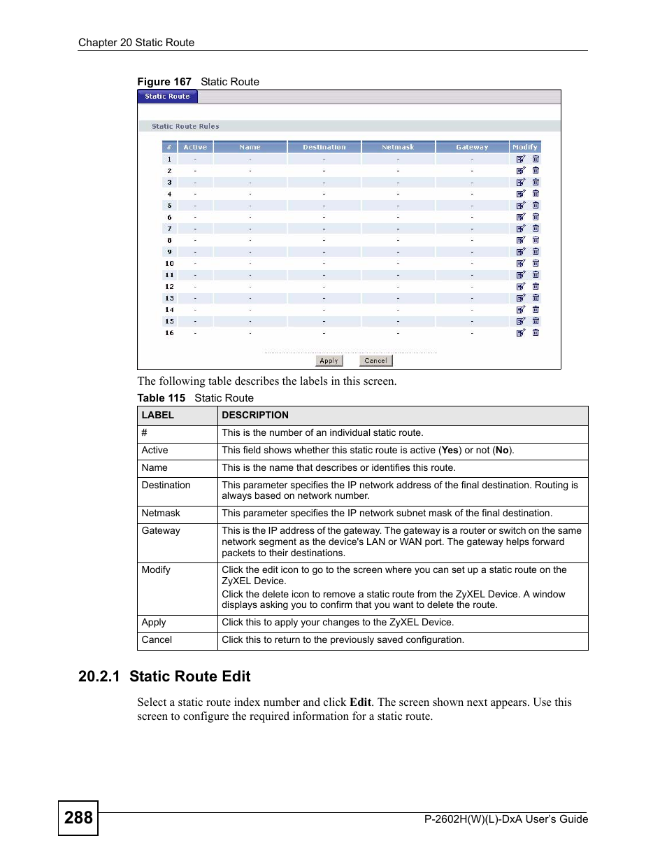 1 static route edit, Figure 167 static route, Table 115 static route | ZyXEL Communications P-2602H User Manual | Page 288 / 465