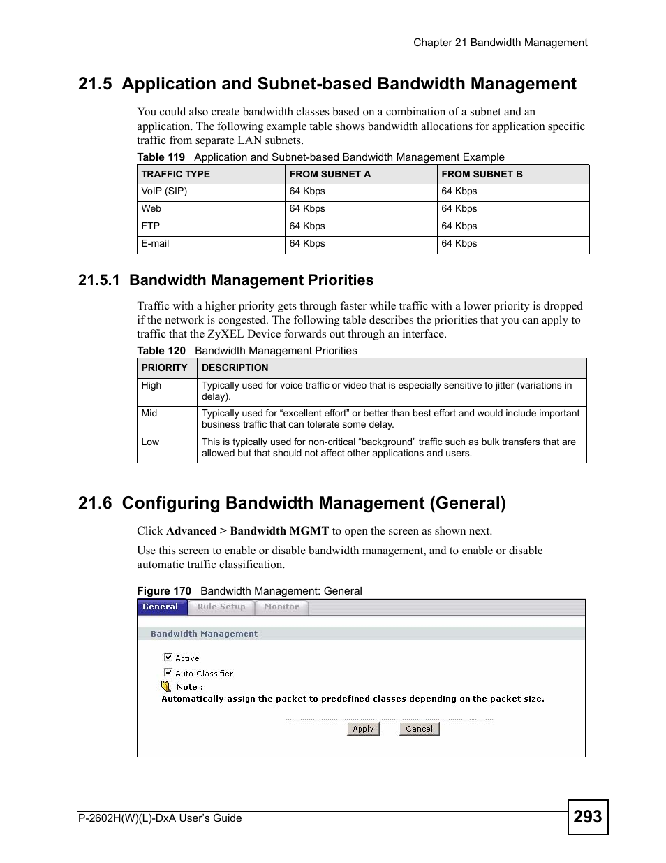 1 bandwidth management priorities, 6 configuring bandwidth management (general), Figure 170 bandwidth management: general | ZyXEL Communications P-2602H User Manual | Page 293 / 465