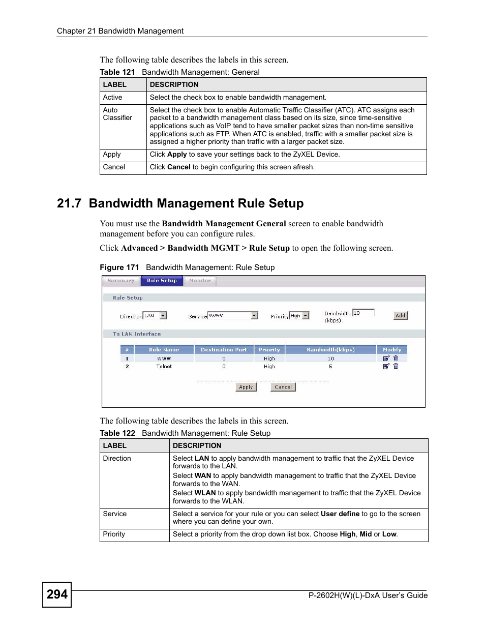7 bandwidth management rule setup, Figure 171 bandwidth management: rule setup | ZyXEL Communications P-2602H User Manual | Page 294 / 465