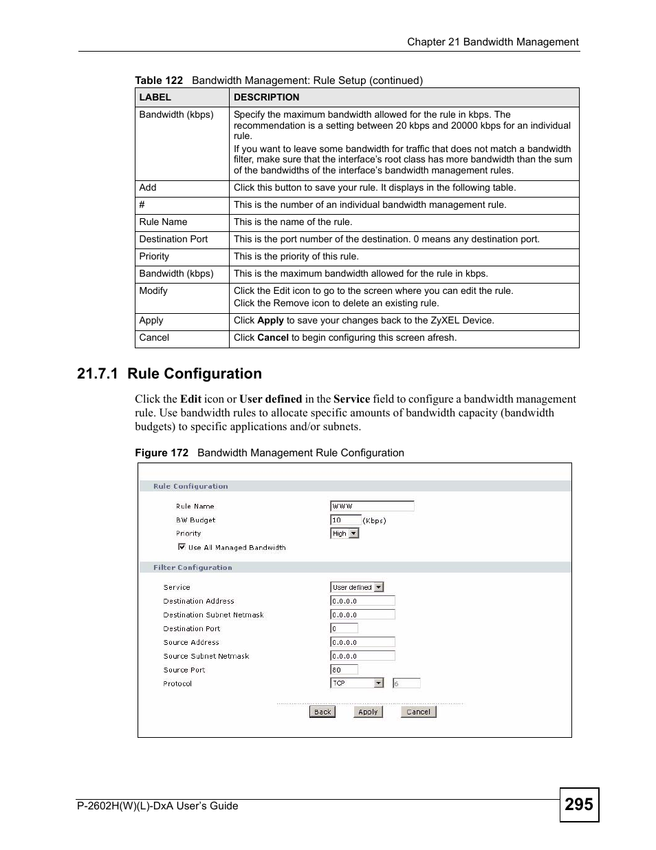 1 rule configuration, Figure 172 bandwidth management rule configuration | ZyXEL Communications P-2602H User Manual | Page 295 / 465