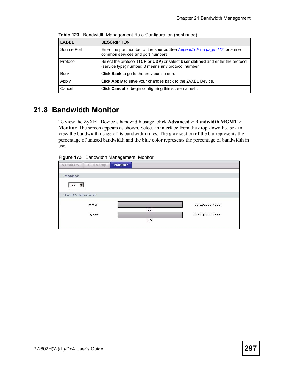 8 bandwidth monitor, Figure 173 bandwidth management: monitor | ZyXEL Communications P-2602H User Manual | Page 297 / 465