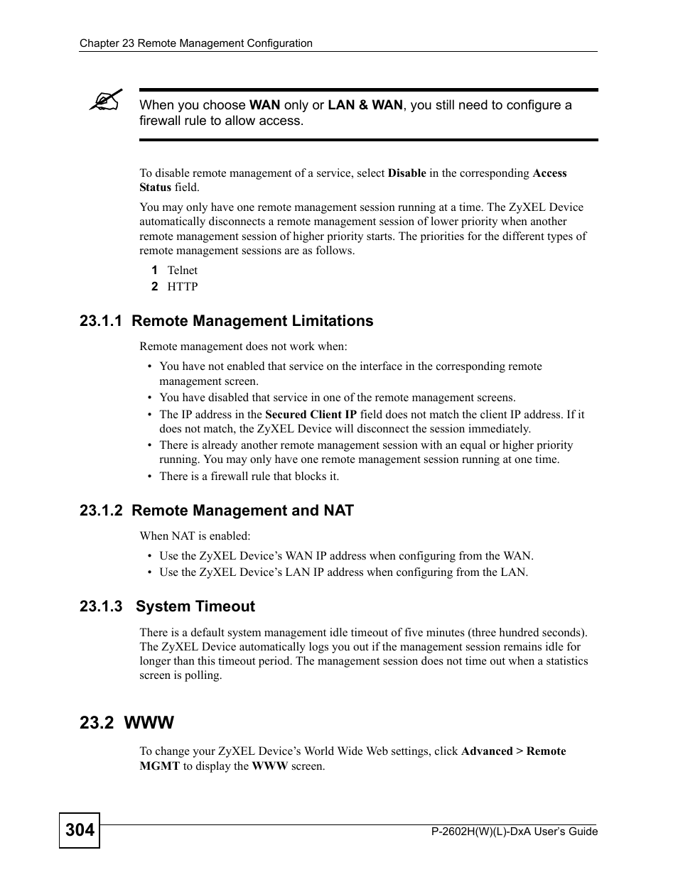 1 remote management limitations, 2 remote management and nat, 3 system timeout | 2 www | ZyXEL Communications P-2602H User Manual | Page 304 / 465