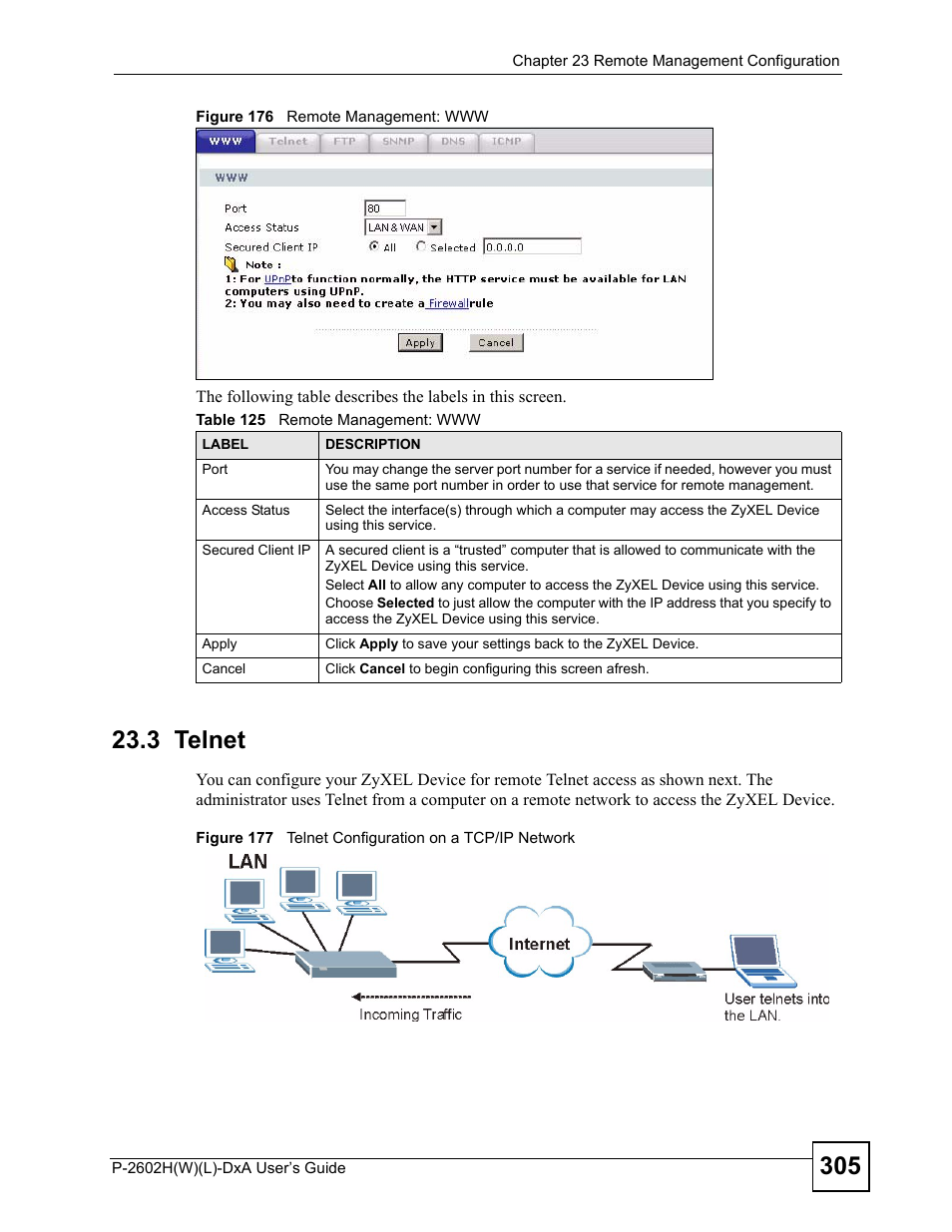 3 telnet, Table 125 remote management: www | ZyXEL Communications P-2602H User Manual | Page 305 / 465