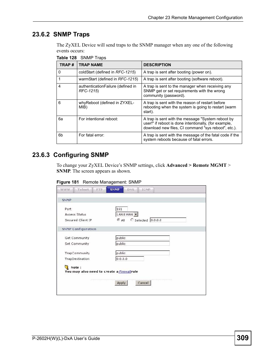 2 snmp traps, 3 configuring snmp, 2 snmp traps 23.6.3 configuring snmp | Figure 181 remote management: snmp, Table 128 snmp traps | ZyXEL Communications P-2602H User Manual | Page 309 / 465