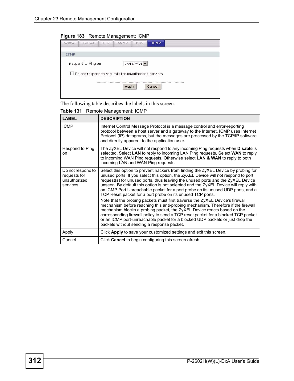 Figure 183 remote management: icmp, Table 131 remote management: icmp | ZyXEL Communications P-2602H User Manual | Page 312 / 465