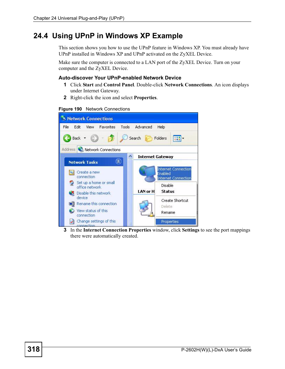 4 using upnp in windows xp example, Figure 190 network connections | ZyXEL Communications P-2602H User Manual | Page 318 / 465