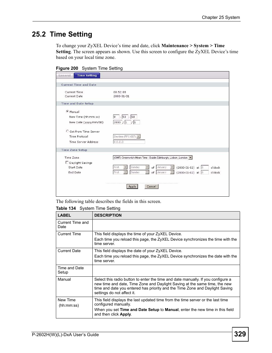 2 time setting, Figure 200 system time setting, Table 134 system time setting | ZyXEL Communications P-2602H User Manual | Page 329 / 465