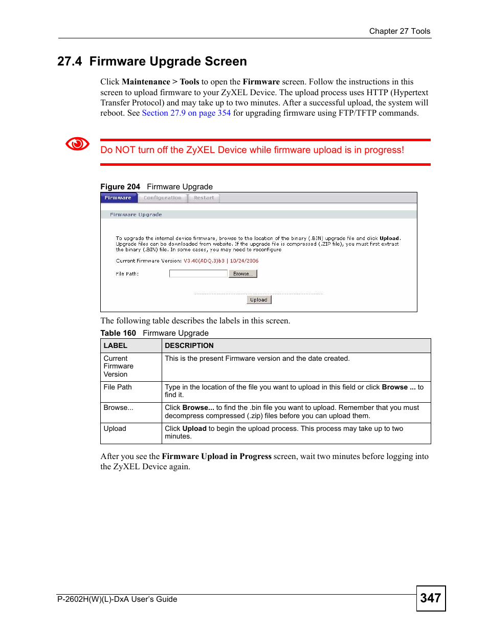 4 firmware upgrade screen, Figure 204 firmware upgrade, Table 160 firmware upgrade | ZyXEL Communications P-2602H User Manual | Page 347 / 465