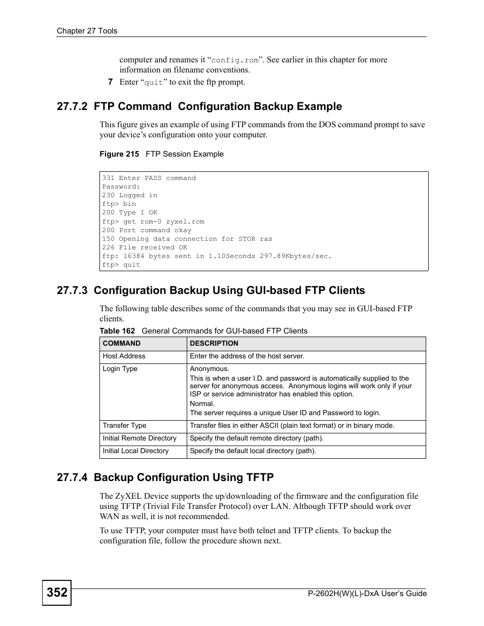 2 ftp command configuration backup example, 3 configuration backup using gui-based ftp clients, 4 backup configuration using tftp | Figure 215 ftp session example | ZyXEL Communications P-2602H User Manual | Page 352 / 465