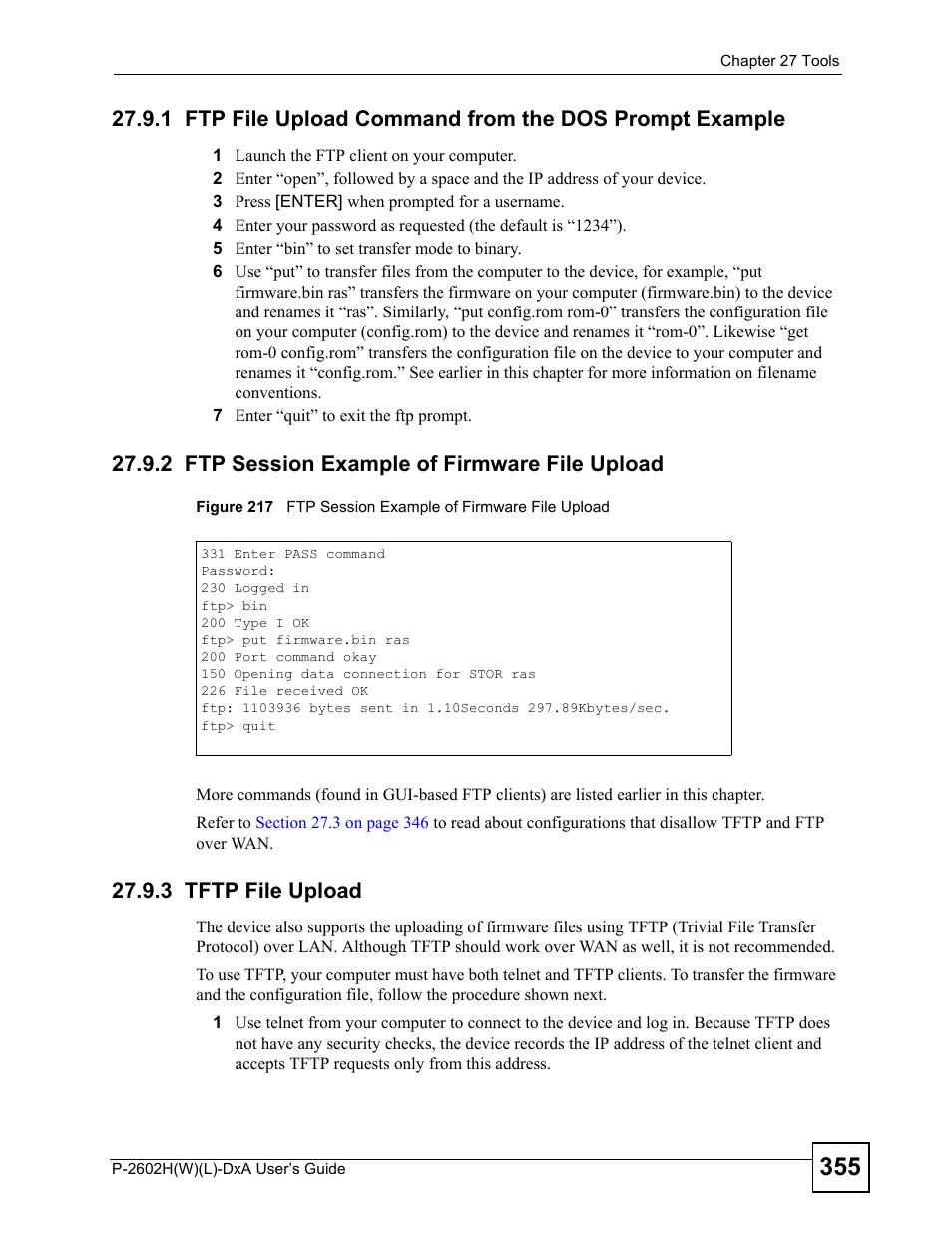 2 ftp session example of firmware file upload, 3 tftp file upload | ZyXEL Communications P-2602H User Manual | Page 355 / 465