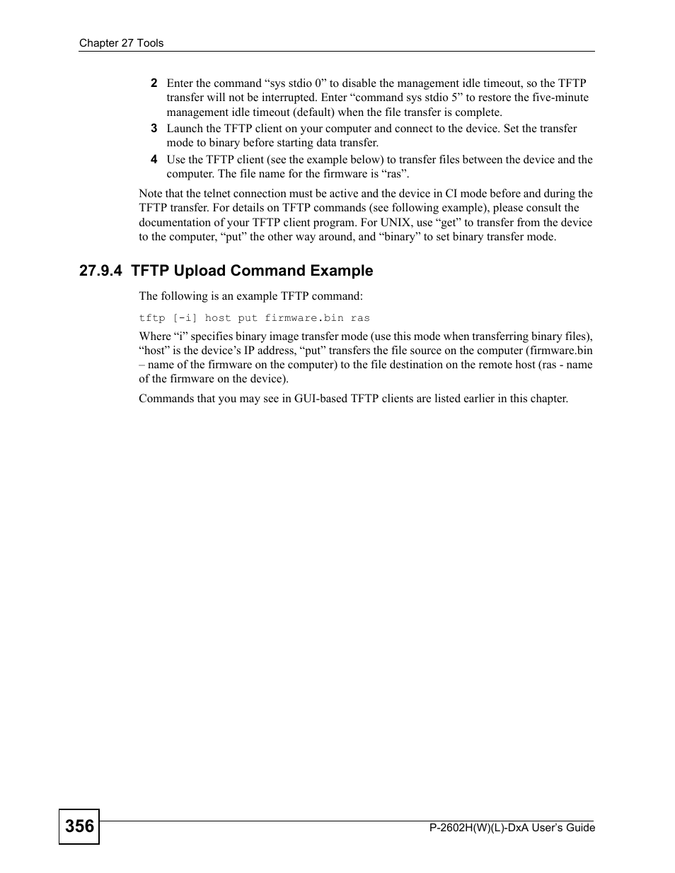 4 tftp upload command example | ZyXEL Communications P-2602H User Manual | Page 356 / 465