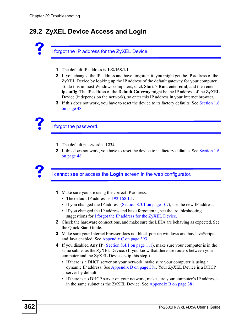 2 zyxel device access and login, Zyxel device access and login | ZyXEL Communications P-2602H User Manual | Page 362 / 465