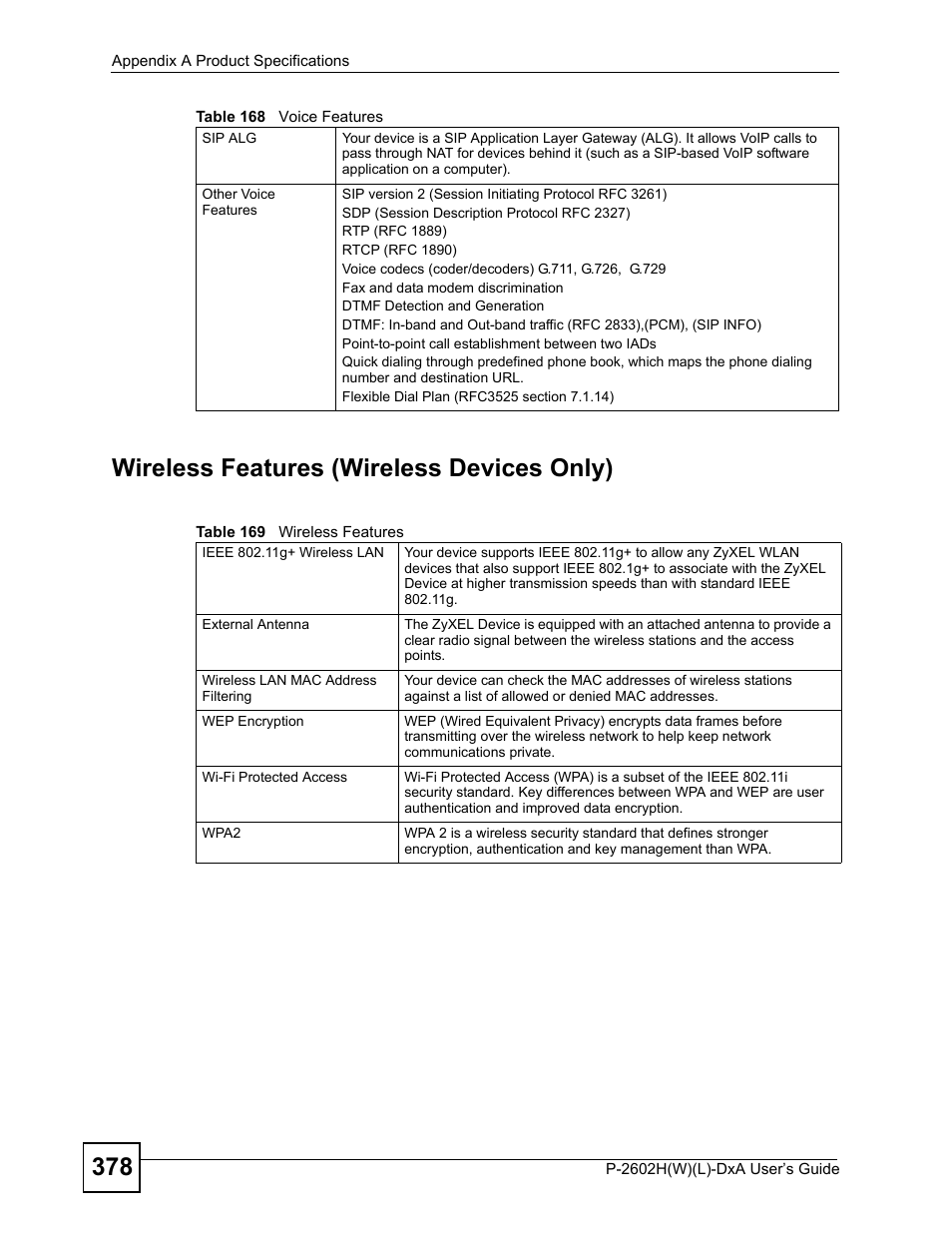 Table 169 wireless features, 378 wireless features (wireless devices only) | ZyXEL Communications P-2602H User Manual | Page 378 / 465