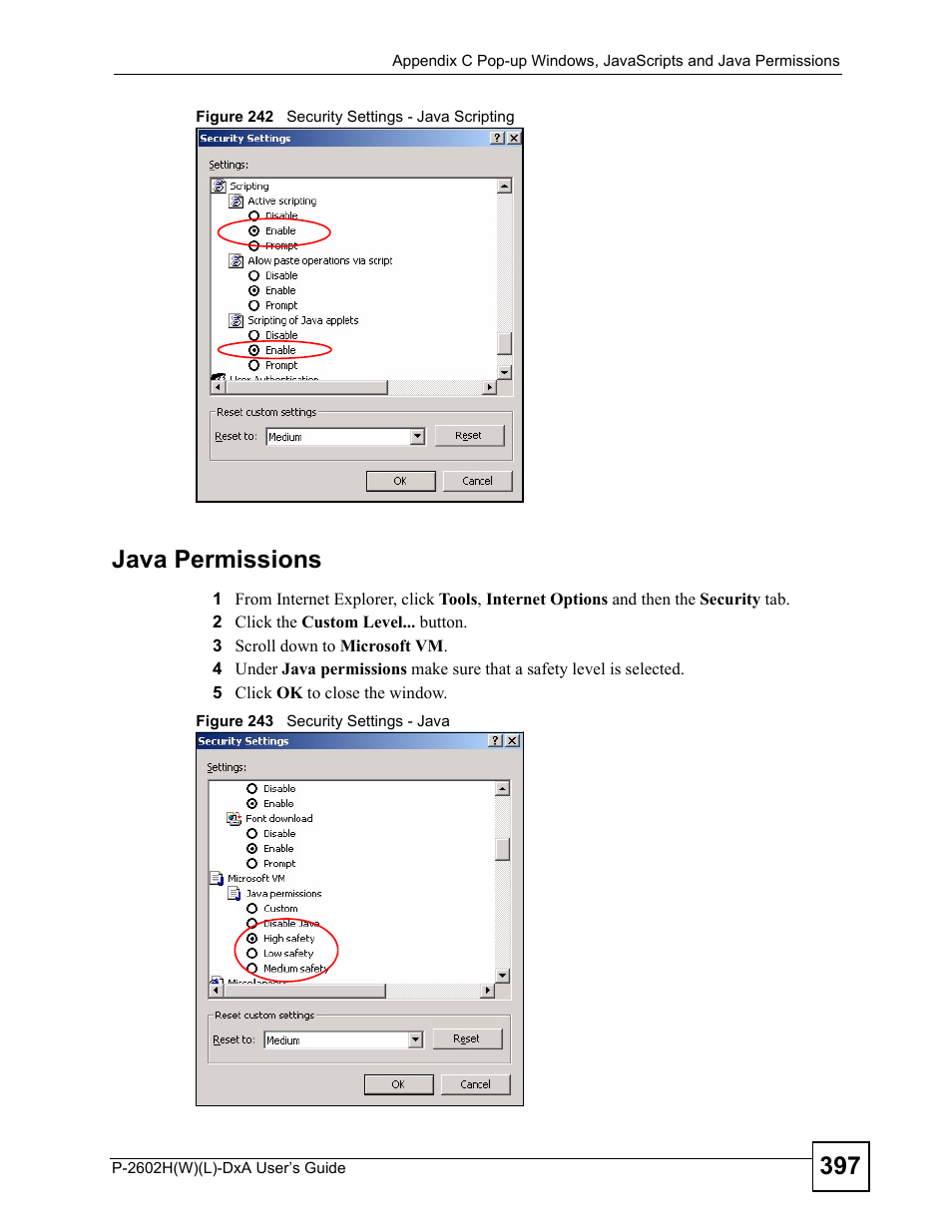 Java permissions | ZyXEL Communications P-2602H User Manual | Page 397 / 465