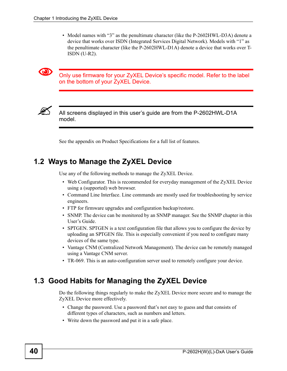 2 ways to manage the zyxel device, 3 good habits for managing the zyxel device | ZyXEL Communications P-2602H User Manual | Page 40 / 465