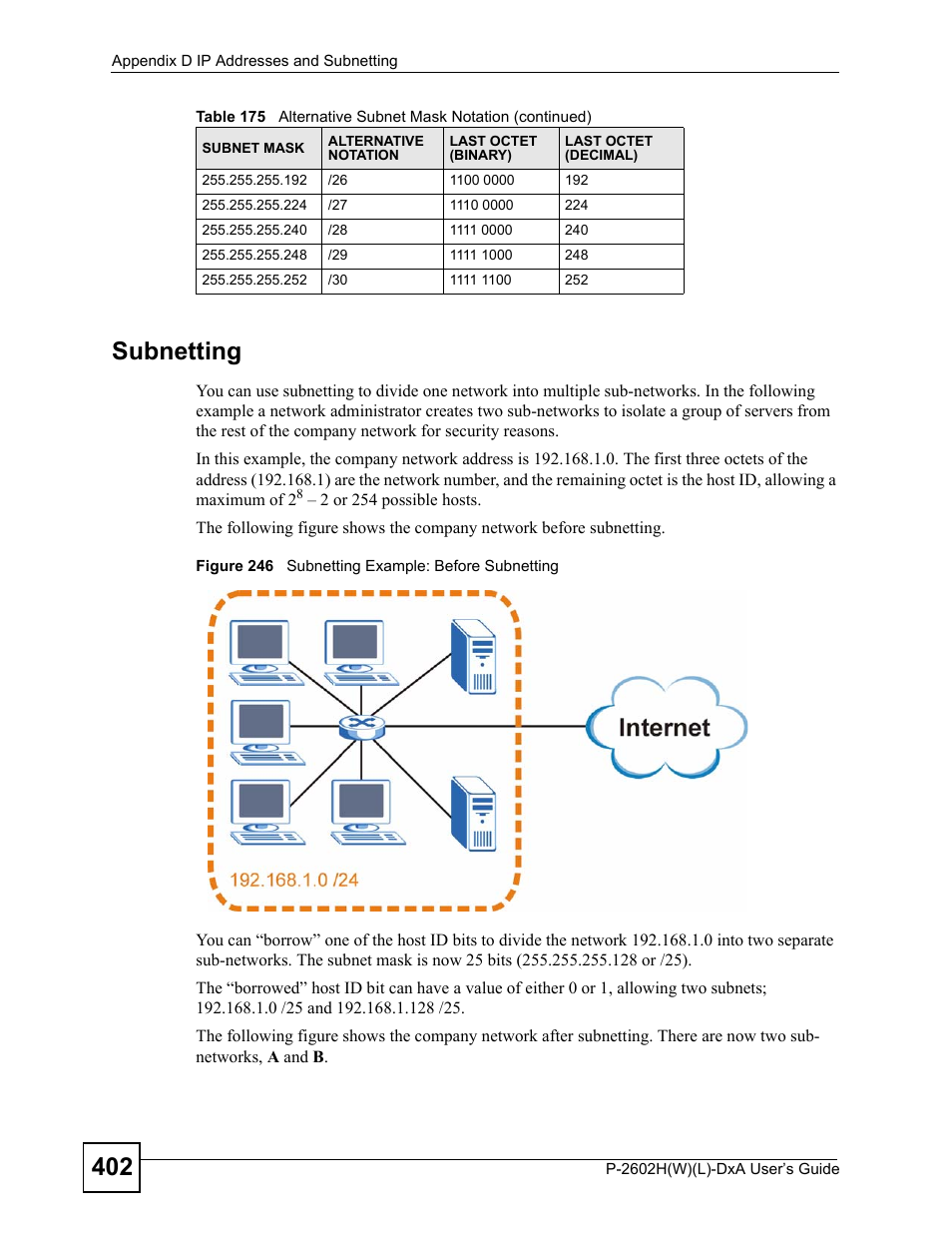 Figure 246 subnetting example: before subnetting, 402 subnetting | ZyXEL Communications P-2602H User Manual | Page 402 / 465