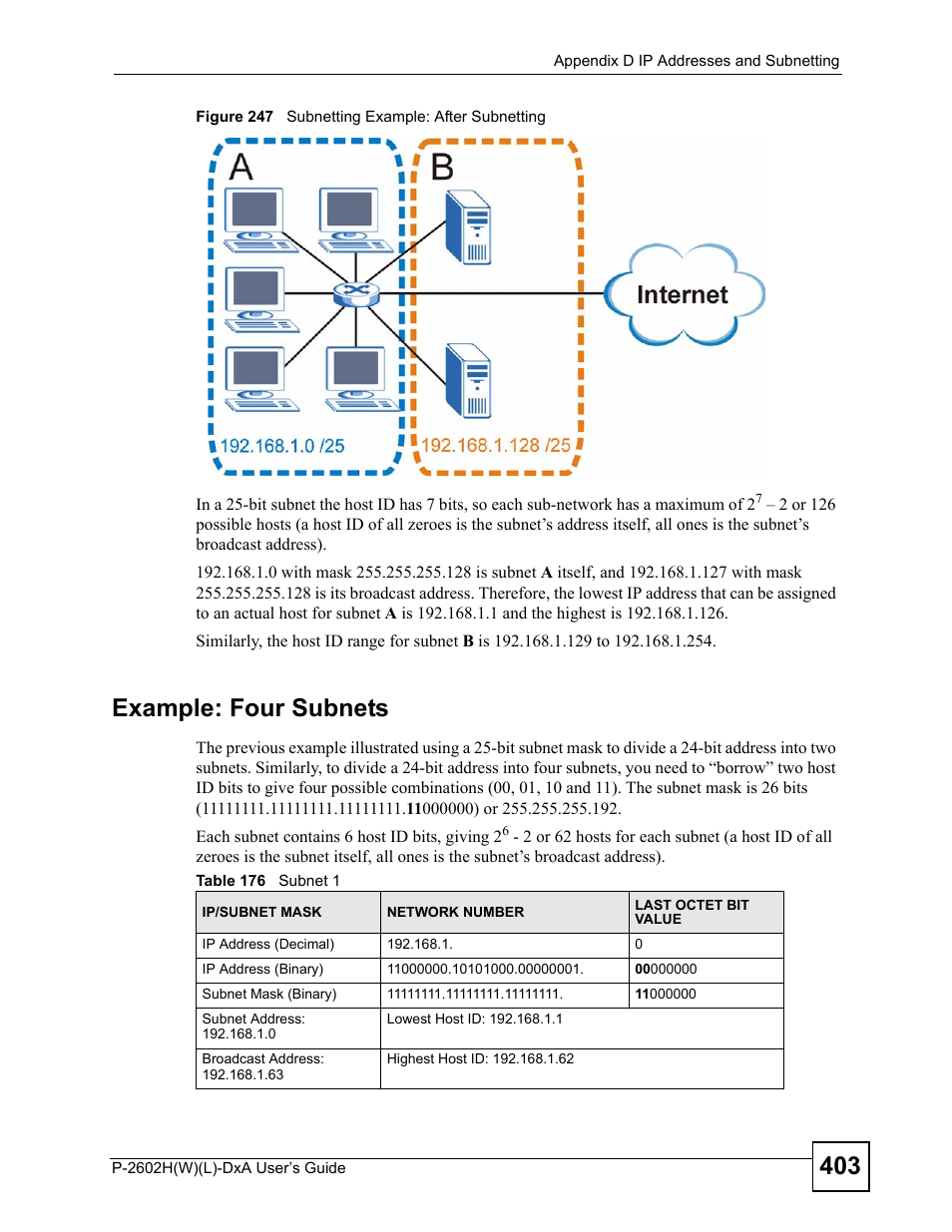 Figure 247 subnetting example: after subnetting, Table 176 subnet 1, Example: four subnets | ZyXEL Communications P-2602H User Manual | Page 403 / 465