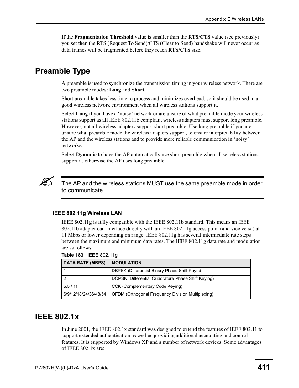 Table 183 ieee 802.11g, Preamble type, Ieee 802.1x | ZyXEL Communications P-2602H User Manual | Page 411 / 465