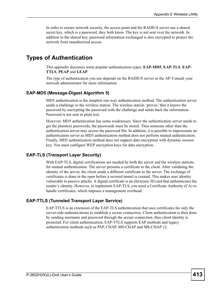 Types of authentication | ZyXEL Communications P-2602H User Manual | Page 413 / 465